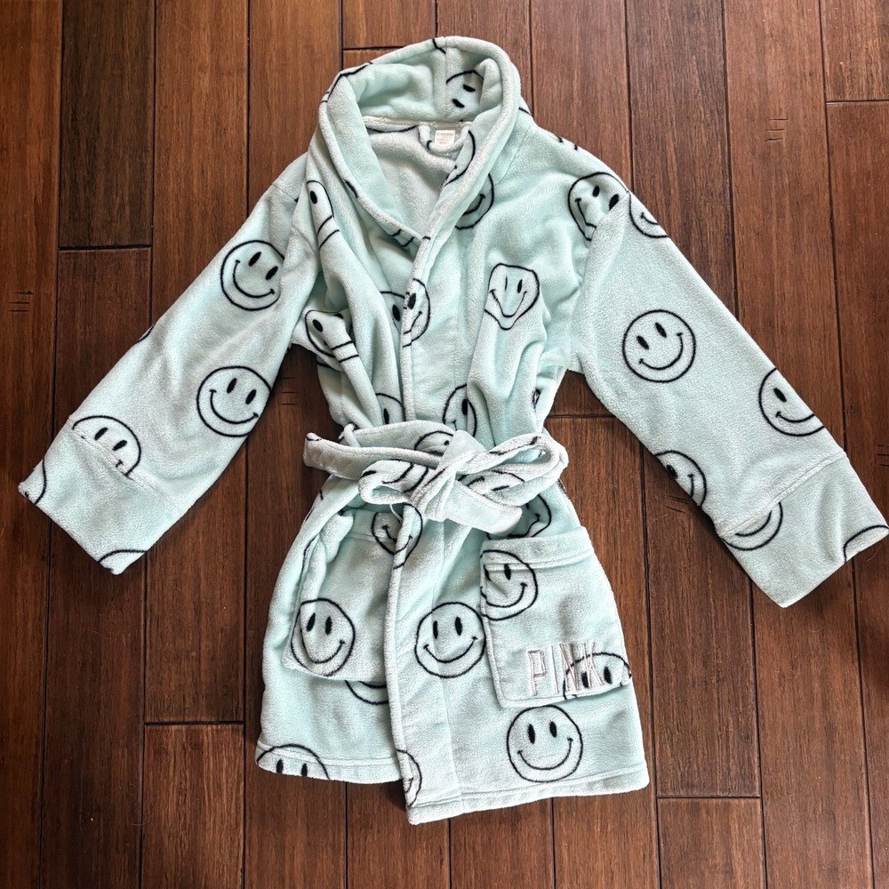 PINK Victoria's Secret Fleece Robe Medium Mint Green Smiley Face Plush Belted
